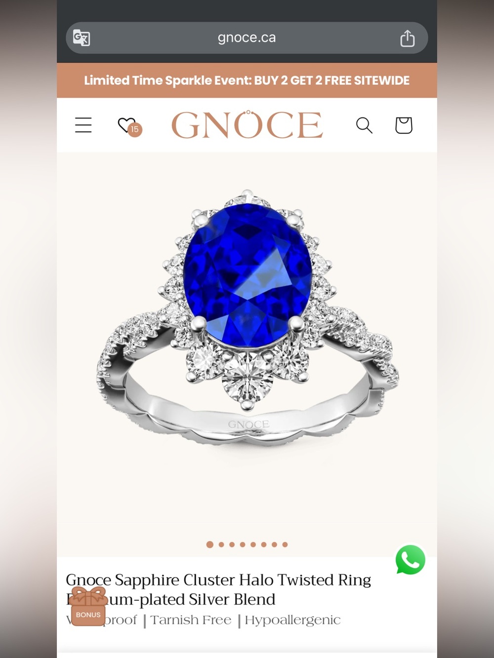 Gnoce Sapphire Cluster Halo Twisted Ring size 3.5 US 💎